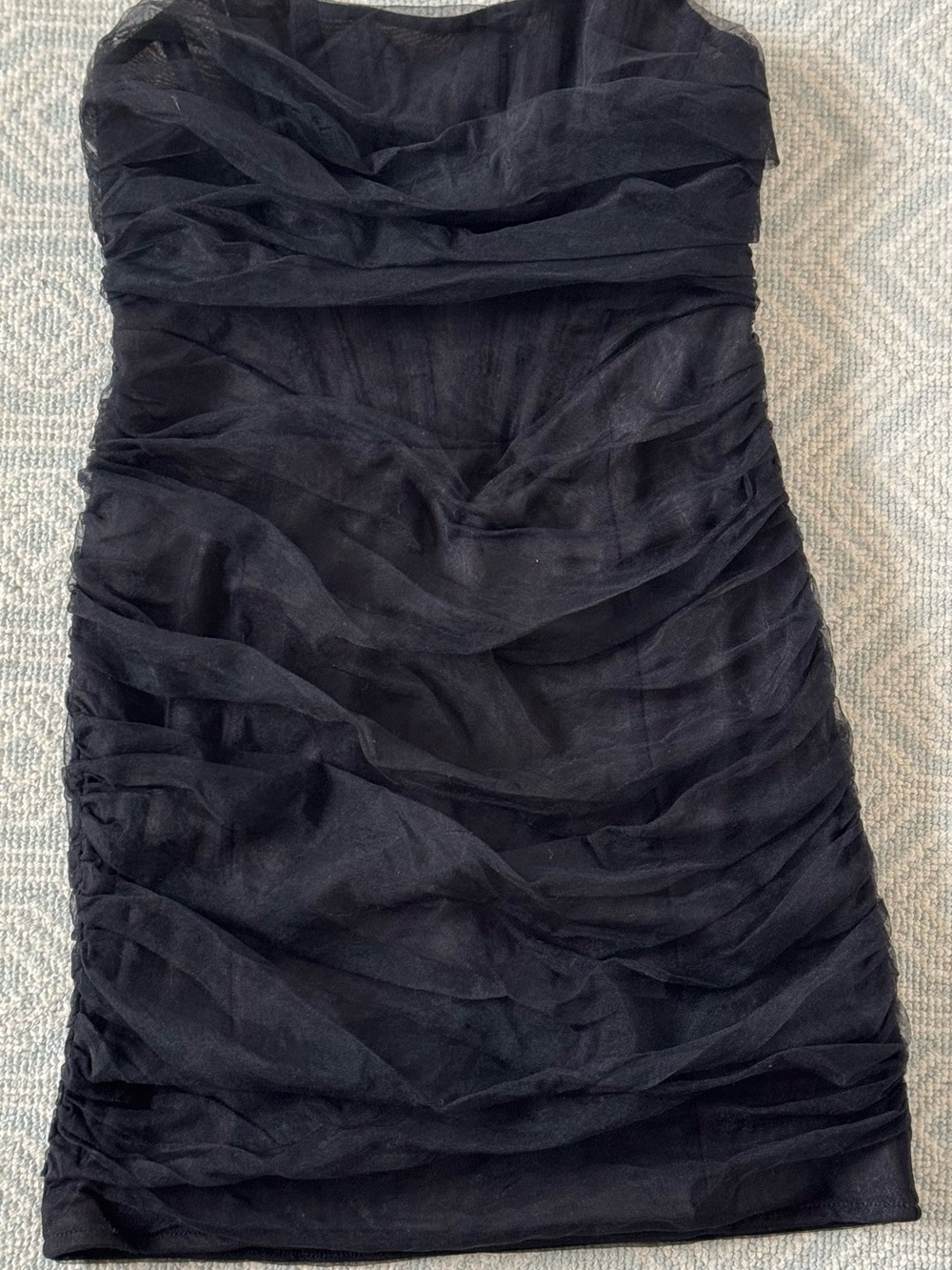 Sky to Moon Women’s Black Strapless Ruched Cocktail Dress w Mesh Overlay (Sz S)